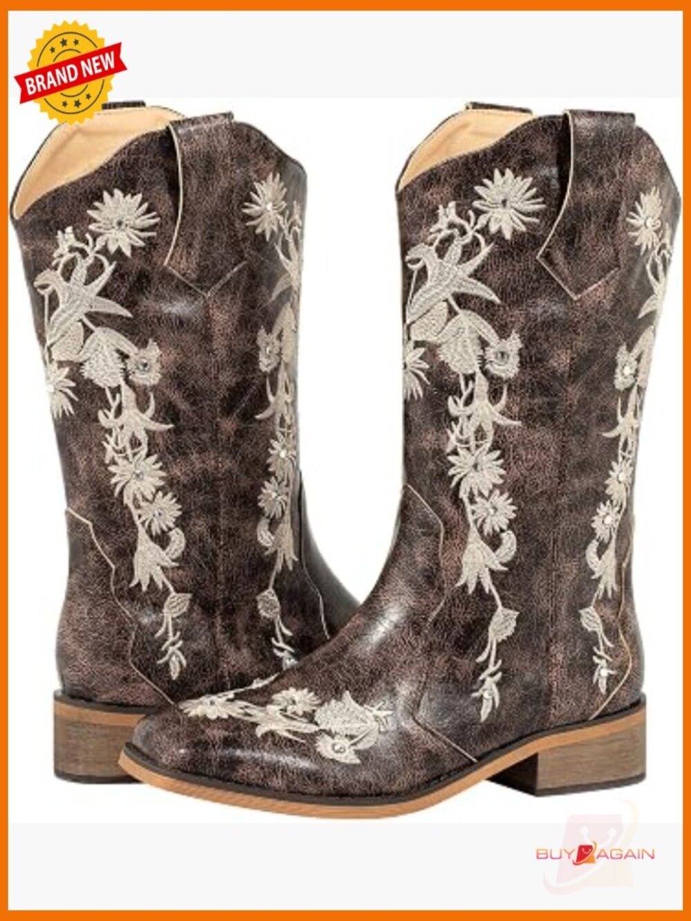 Square Toe Mid Calf Floral Embroidered Rhinestone Cowboy Boots